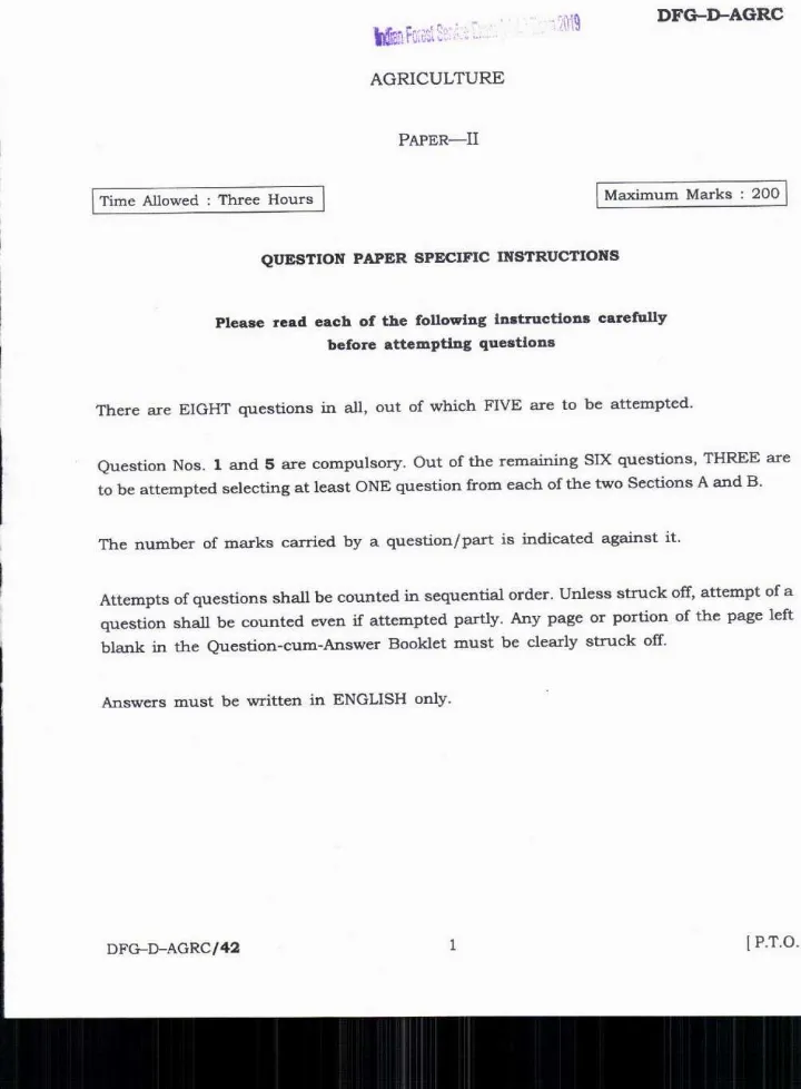 Indian Forest Service Main 2019 Agriculture Paper II question paper page 1 instructions scan PDF download UPSC