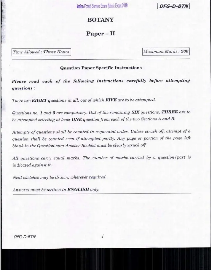 Indian Forest Service Main 2019 Botany Paper II question paper page 1 instructions scan PDF download UPSC