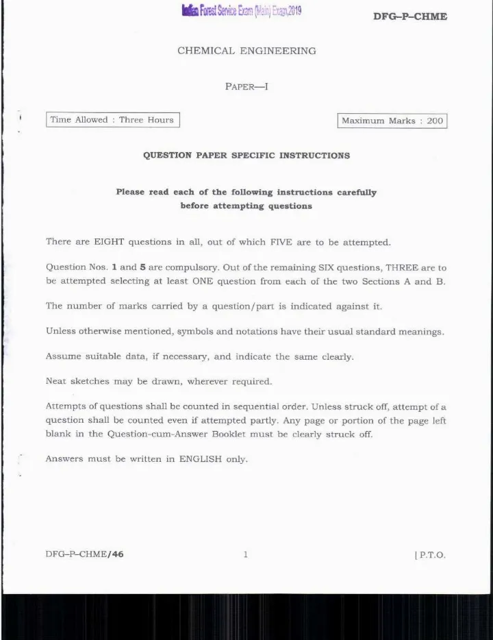 Indian Forest Service Main 2019 Chemical Engineering Paper I page 1 instructions scan PDF download UPSC