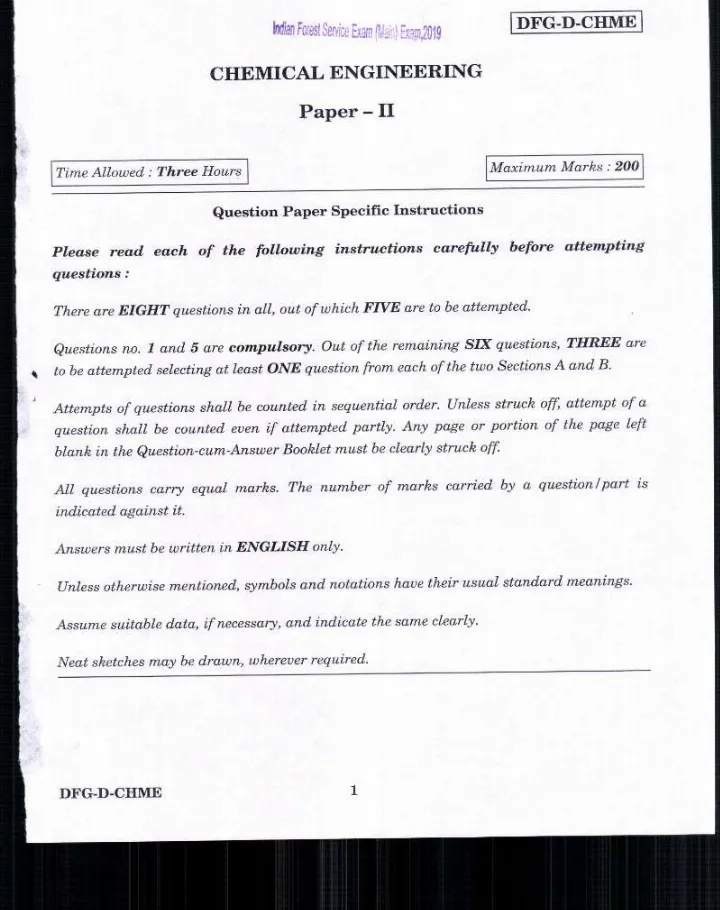 Indian Forest Service 2019 Chemical Engineering Paper II question paper page 1 instructions scan PDF download