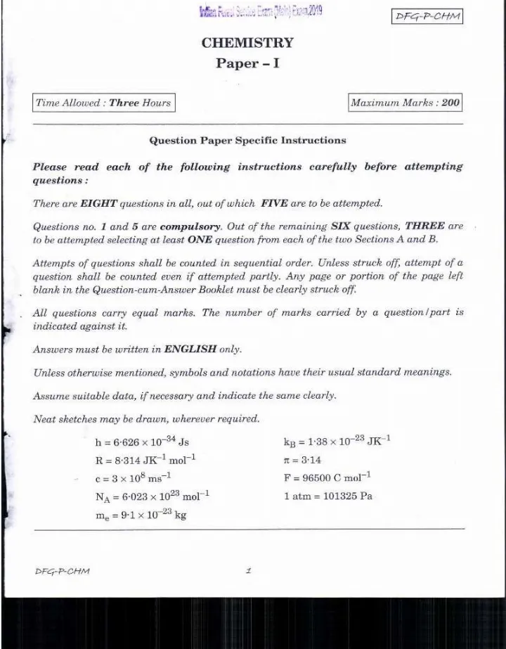 Indian Forest Service Main 2019 Chemistry Paper I question paper page 1 instructions scan PDF download UPSC