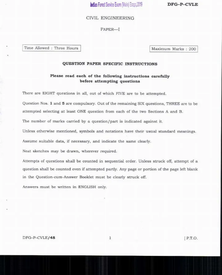 Indian Forest Service Main 2019 Civil Engineering Paper-I question paper page 1 instructions scan PDF download UPSC