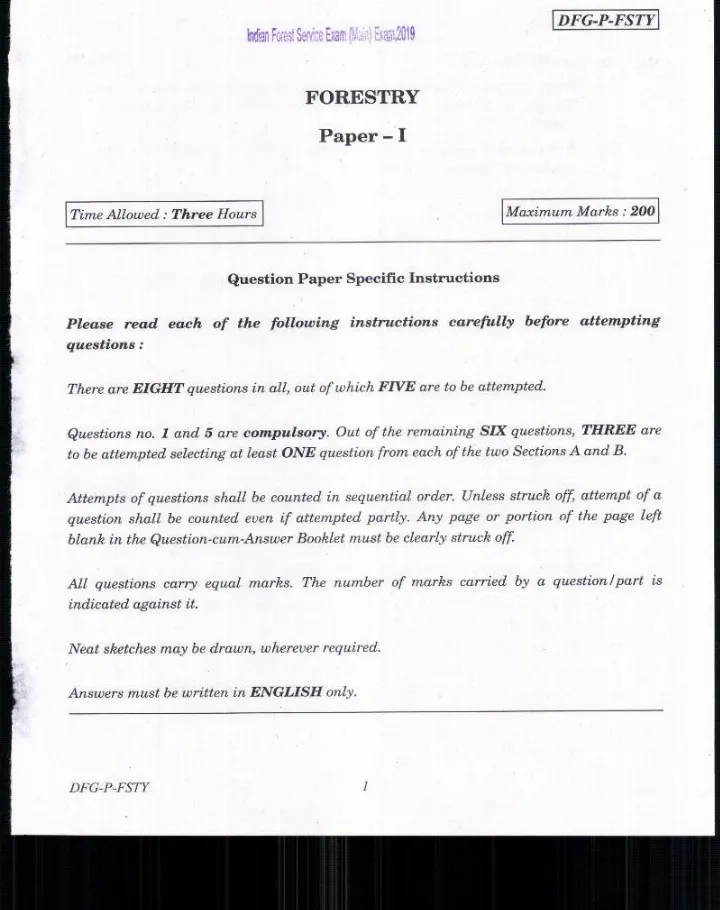 Indian Forest Service Main 2019 Forestry Paper I question paper page 1 instructions scan PDF download UPSC