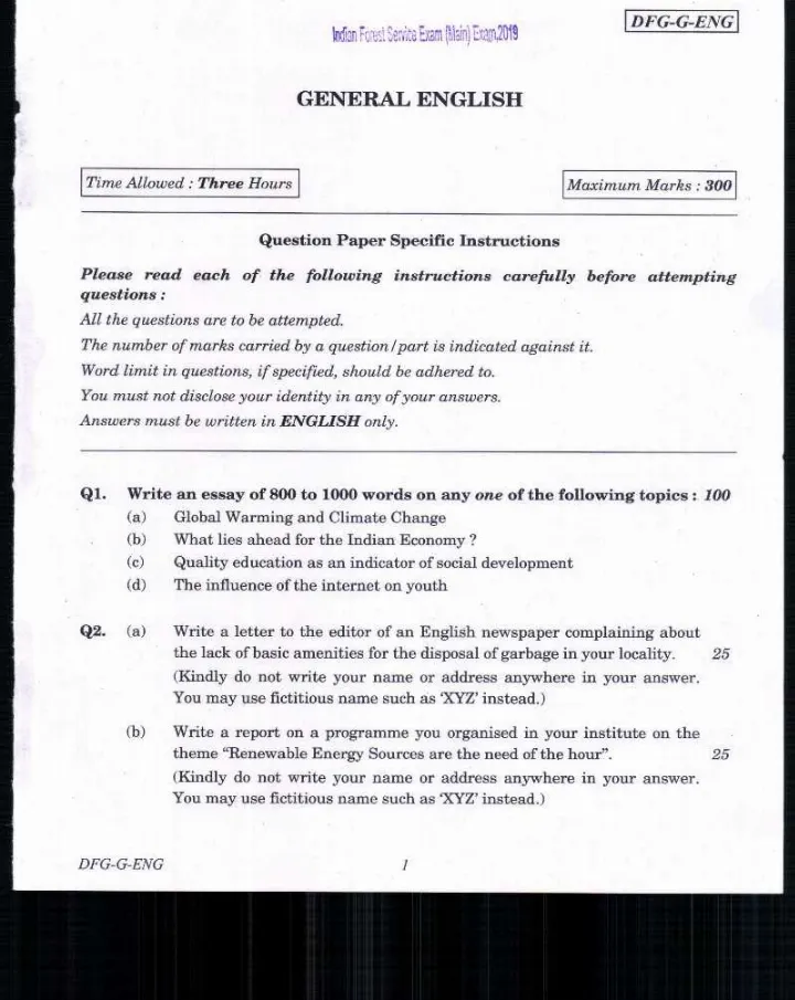 Indian Forest Service Main 2019 General English question paper page 1 instructions scan PDF download UPSC IFS