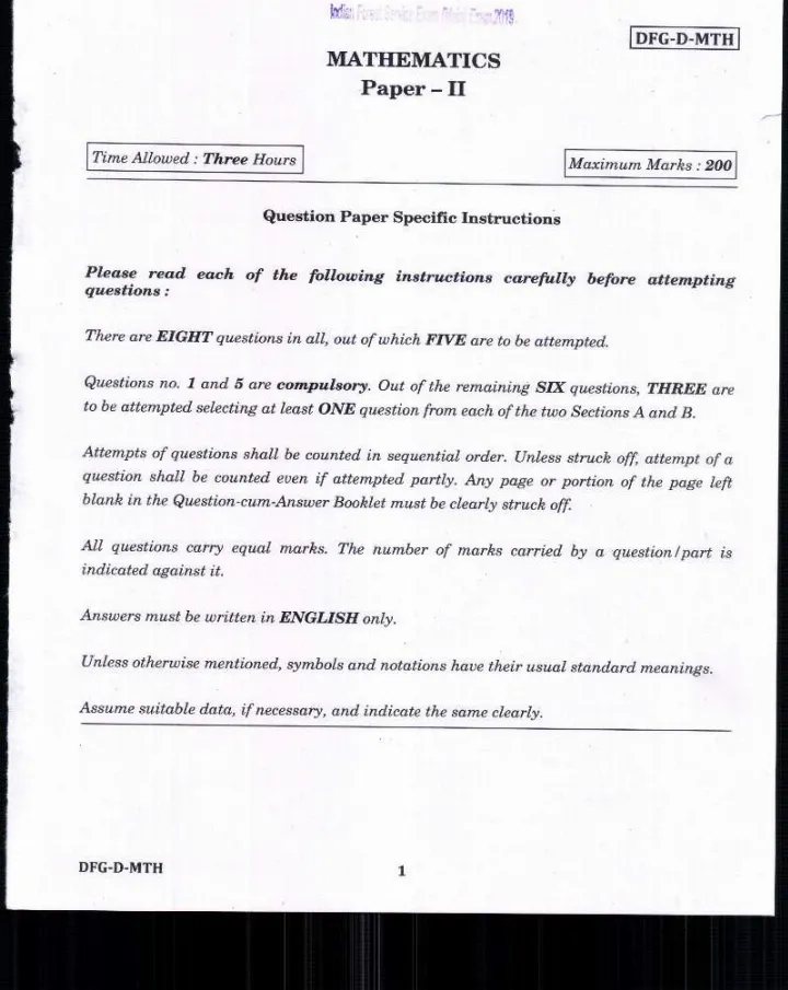 Indian Forest Service Main 2019 Mathematics Paper II question paper page 1 instructions scan PDF download UPSC