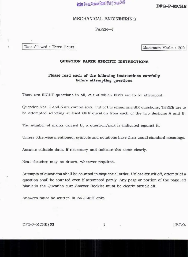 Indian Forest Service (Main) 2019 Mechanical Engineering Paper-I question paper page 1 instructions scan PDF download