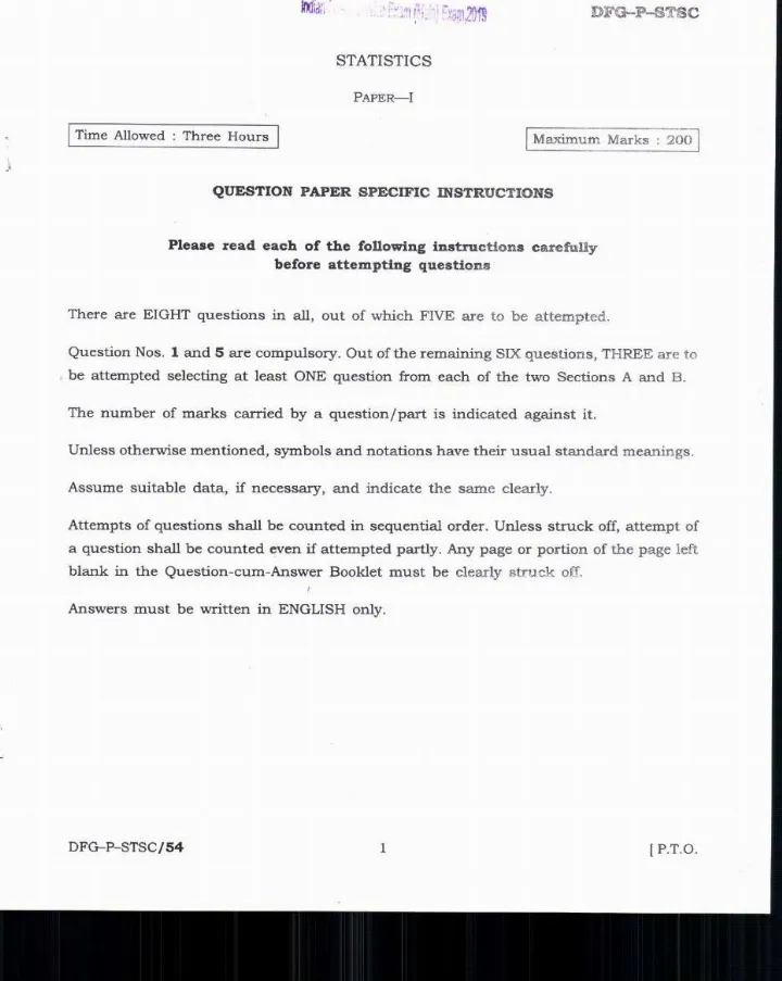 Indian Forest Service Main 2019 Statistics Paper-I question paper page 1 instructions scan PDF download UPSC