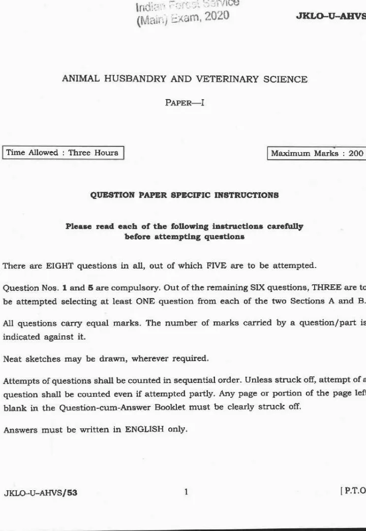 Indian Forest Service Main 2020 Animal Husbandry and Veterinary Science Paper I page 1 instructions scan PDF download UPSC