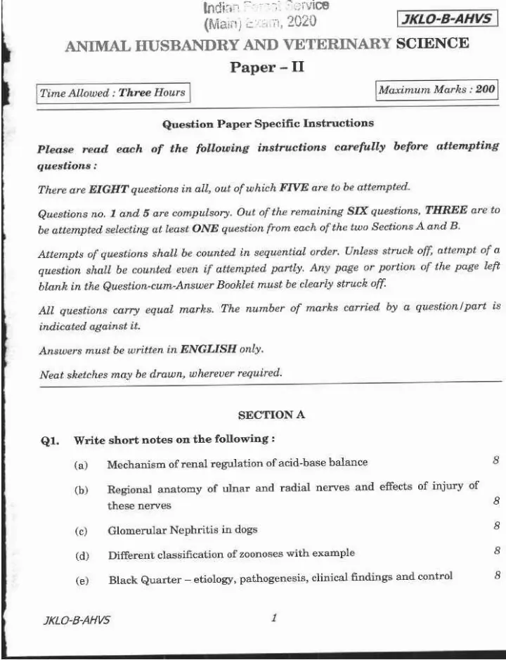 Indian Forest Service (Main) Examination 2020 Animal Husbandry and Veterinary Science Paper II page 1 instructions and header scan. UPSC IFS Main exam paper PDF download.