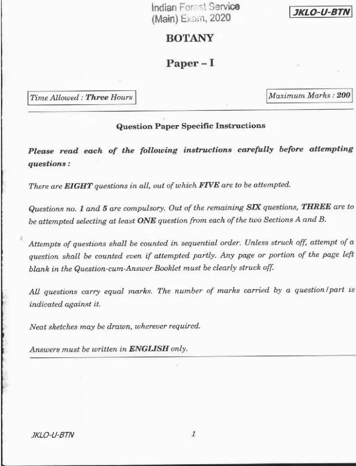 Indian Forest Service (Main) 2020 Botany Paper I question paper page 1 instructions scan PDF download UPSC IFS exam