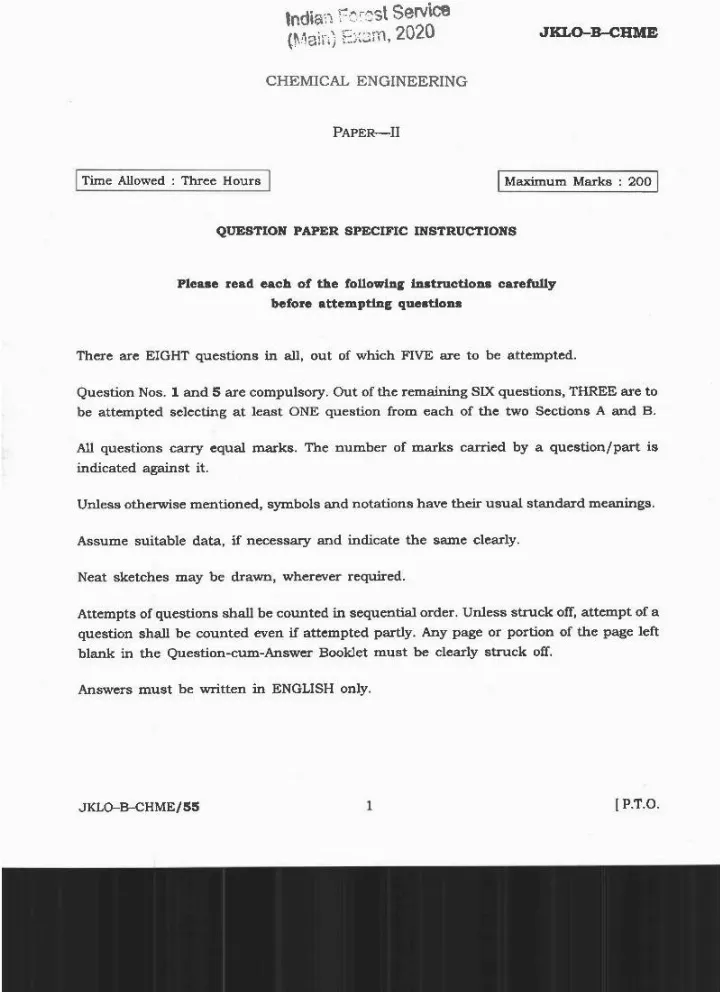 Indian Forest Service (Main) Examination 2020 Chemical Engineering Paper II question paper page 1 instructions scan PDF download