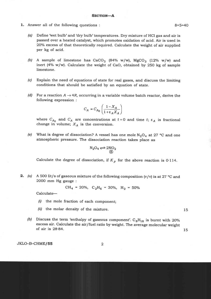 Indian Forest Service (Main) Examination 2020 Chemical Engineering Paper II question paper page 1 instructions scan PDF download