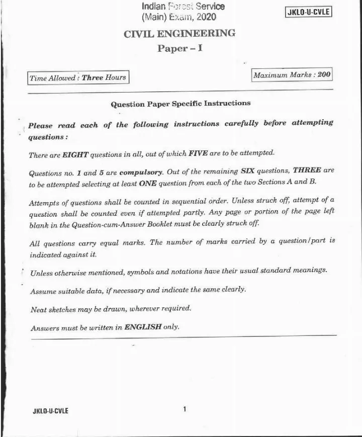 Indian Forest Service 2020 Civil Engineering Paper I question paper page 1 instructions scan PDF download UPSC Mains Exam
