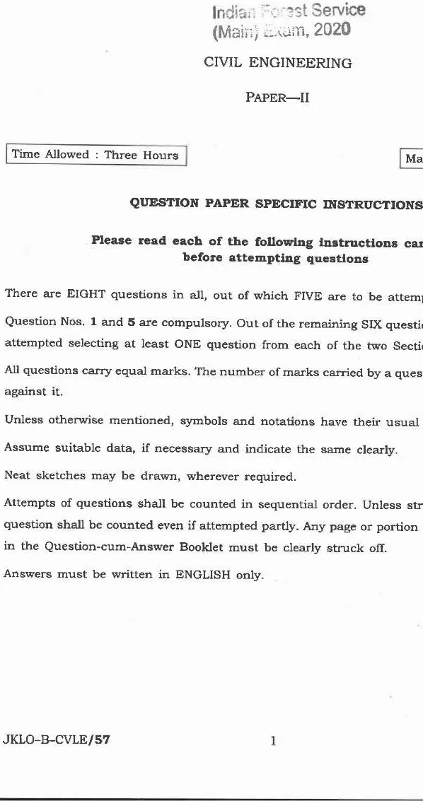 Indian Forest Service (Main) Examination 2020 Civil Engineering Paper II question paper page 1 instructions scan PDF download. UPSC IFS 2020 previous year paper.