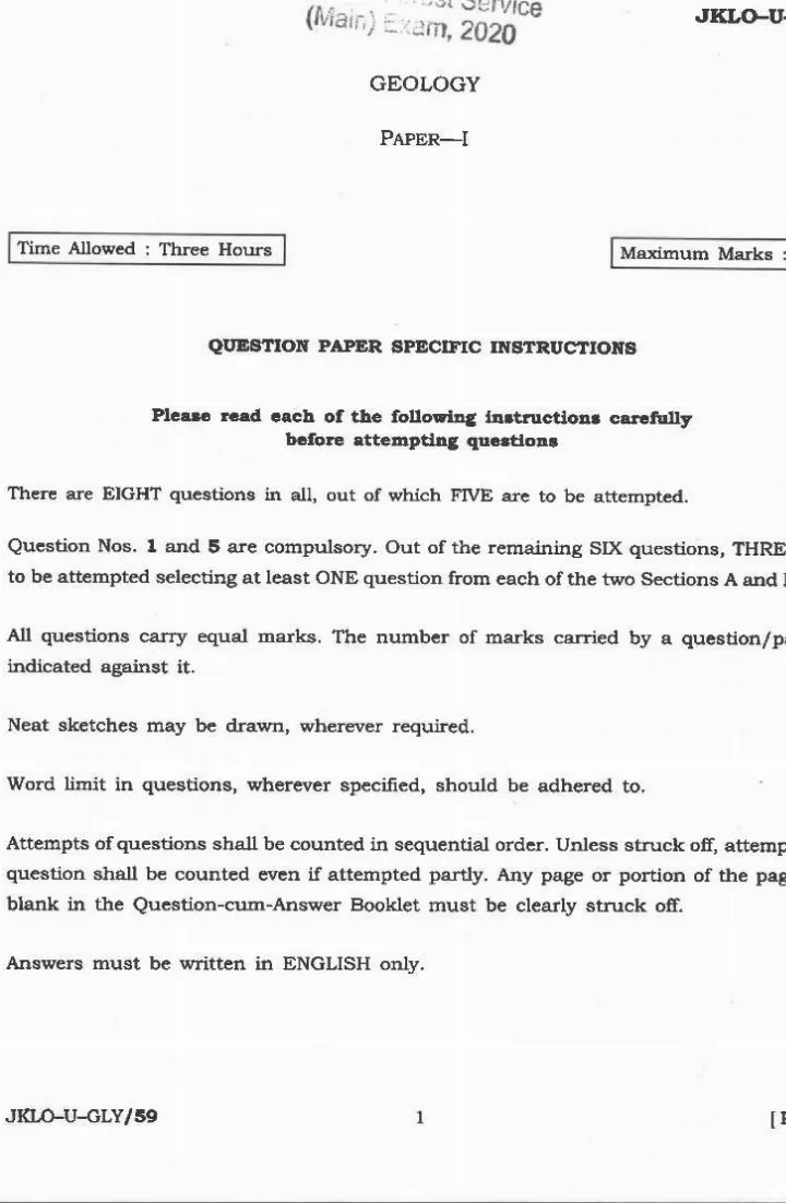 Indian Forest Service (Main) 2020 Geology Paper-I question paper page 1 instructions and exam header scan PDF download