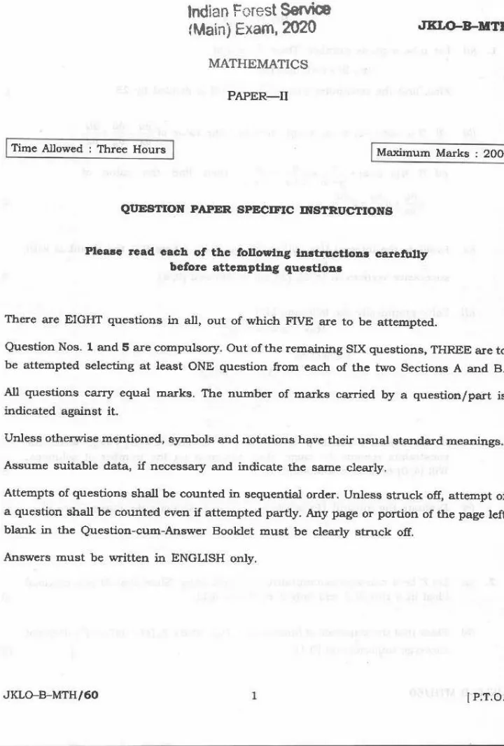 Indian Forest Service (Main) 2020 Mathematics Paper II question paper page 1 instructions scan PDF download UPSC