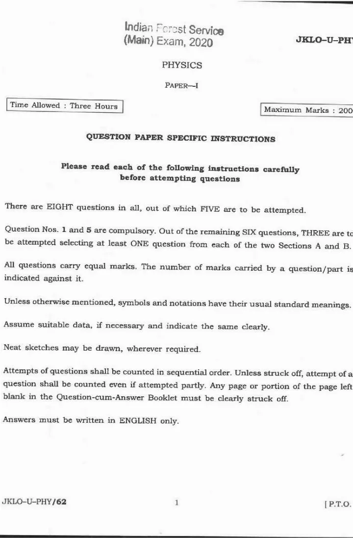 Indian Forest Service (Main) Examination 2020 Physics Paper-I page 1 instructions scan PDF download UPSC IFS previous year paper