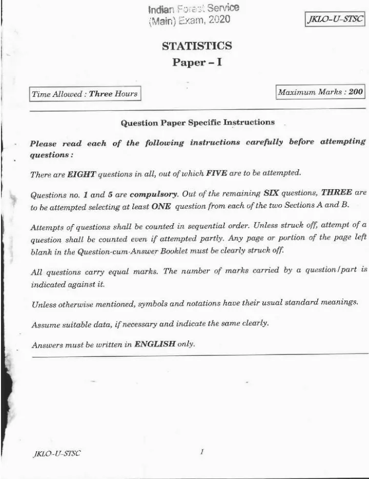 Indian Forest Service Main 2020 Statistics Paper 1 page 1 instructions scan PDF download