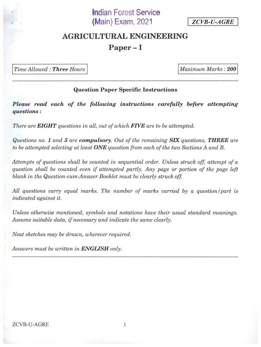 Indian Forest Service Main 2021 Agricultural Engineering Paper I page 1 instructions scan PDF download UPSC IFS exam paper