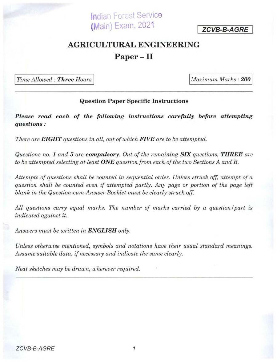 Indian Forest Service (Main) Examination 2021 Agricultural Engineering Paper II page 1 scan, showing exam details and instructions. UPSC IFS previous year paper PDF download.
