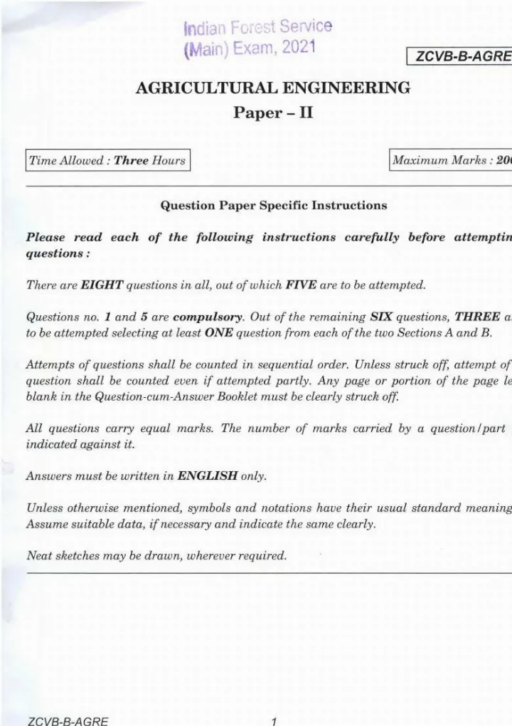 Indian Forest Service (Main) Examination 2021 Agricultural Engineering Paper II page 1 scan, showing exam details and instructions. UPSC IFS previous year paper PDF download.