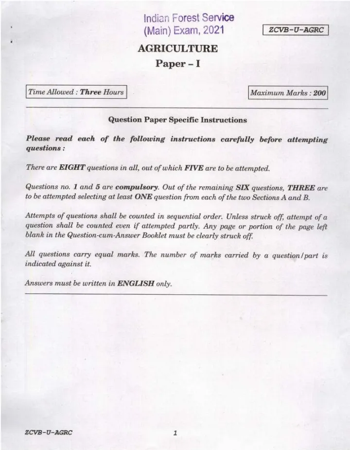 Indian Forest Service 2021 Agriculture Paper I question paper page 1 instructions scan PDF download UPSC IFS Main Exam
