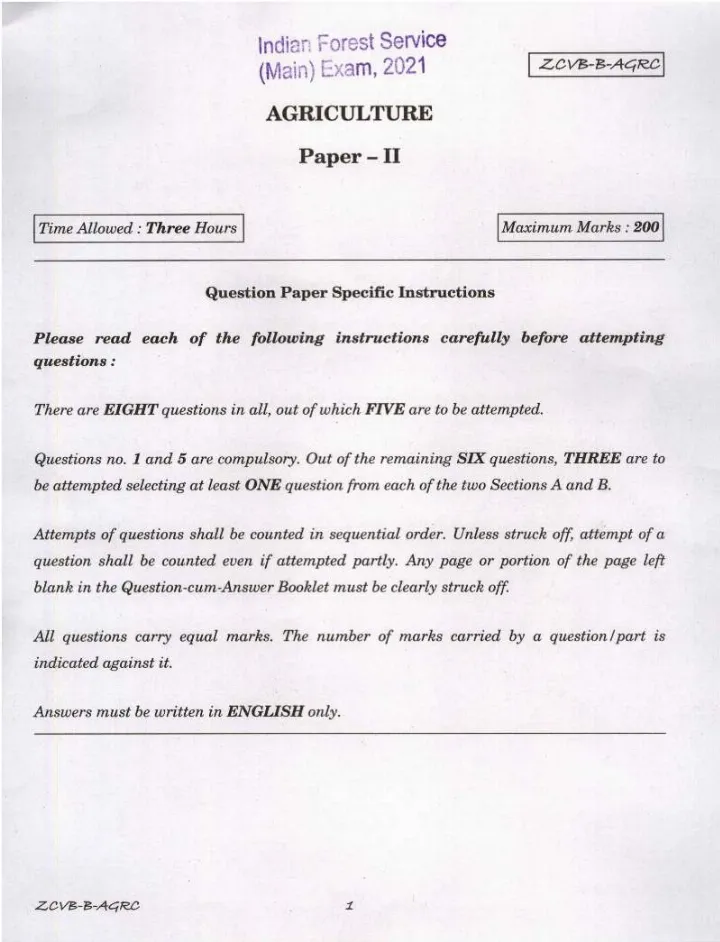 Indian Forest Service Main 2021 Agriculture Paper II question paper page 1 instructions scan PDF download UPSC