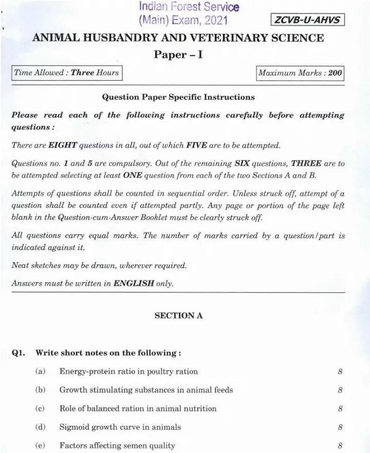 Indian Forest Service Main 2021 Animal Husbandry and Veterinary Science Paper I question paper page 1 instructions and exam header scan PDF download