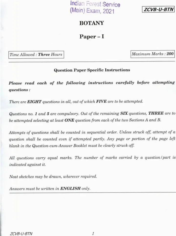 Indian Forest Service 2021 Main Exam Botany Paper I question paper page 1 instructions scan PDF download