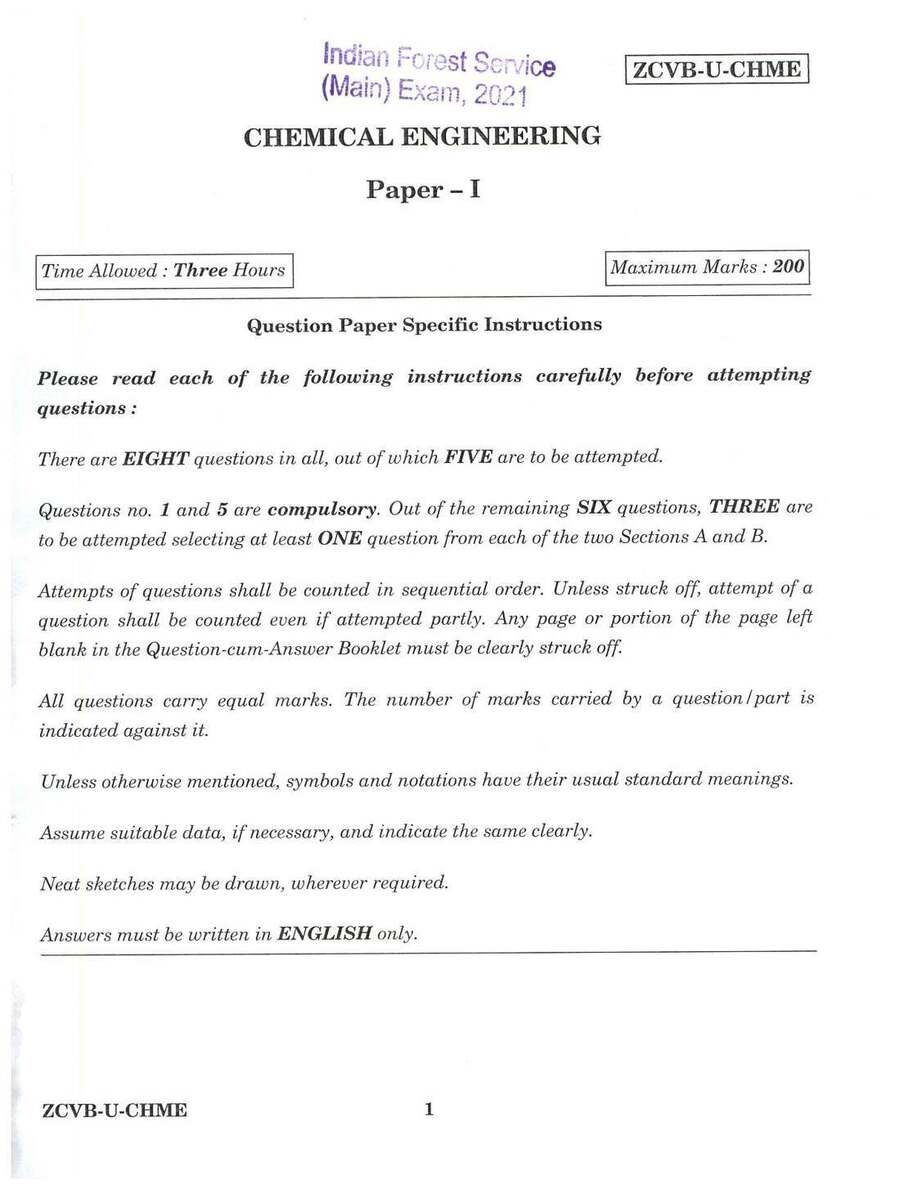 Indian Forest Service Main 2021 Chemical Engineering Paper I question paper page 1 instructions scan PDF download