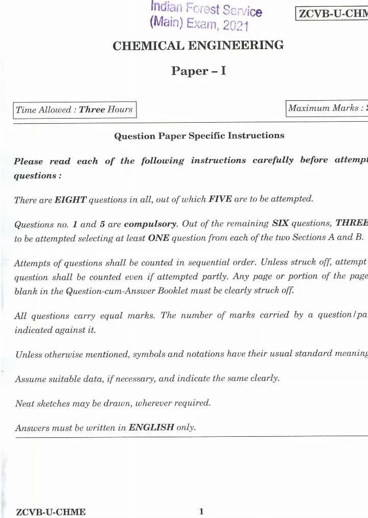 Indian Forest Service Main 2021 Chemical Engineering Paper I question paper page 1 instructions scan PDF download