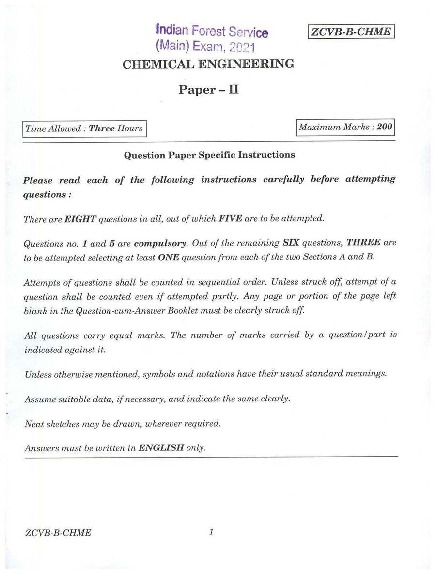 Indian Forest Service (Main) Examination 2021 Chemical Engineering Paper II question paper page 1 scan PDF download, UPSC exam instructions and header details.