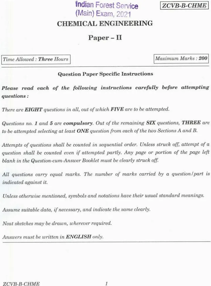 Indian Forest Service (Main) Examination 2021 Chemical Engineering Paper II question paper page 1 scan PDF download, UPSC exam instructions and header details.