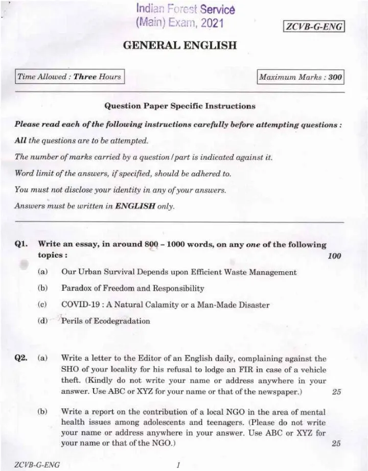 Indian Forest Service Main 2021 General English question paper page 1 instructions scan PDF download