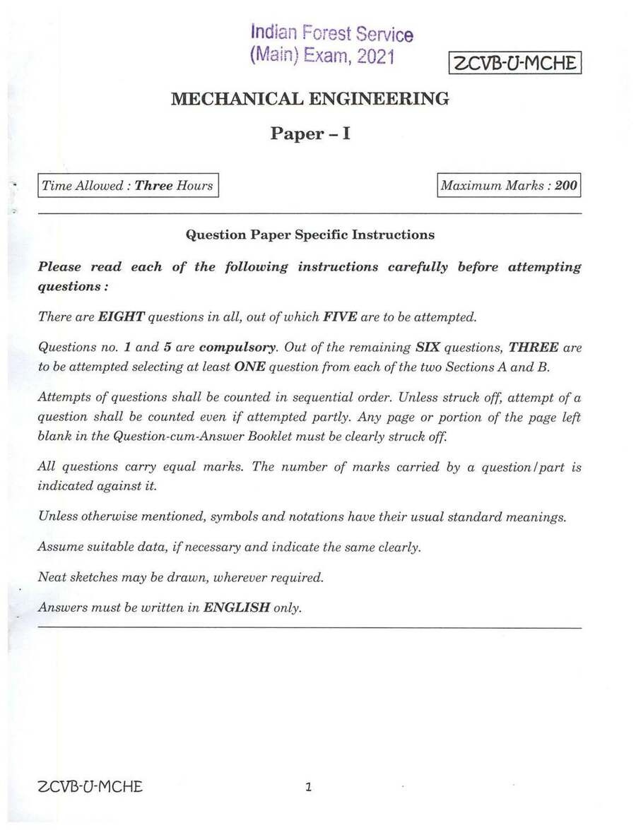 Indian Forest Service 2021 Mechanical Engineering Paper I question paper page 1 instructions scan PDF download