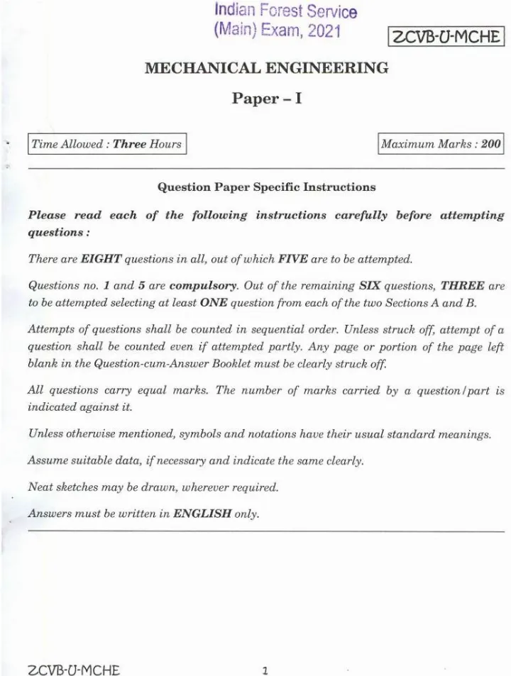 Indian Forest Service 2021 Mechanical Engineering Paper I question paper page 1 instructions scan PDF download