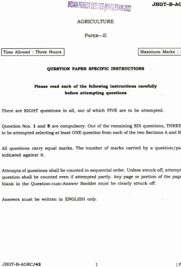 Indian Forest Service Main 2022 Agriculture Paper II question paper page 1 instructions scan PDF download UPSC IFS