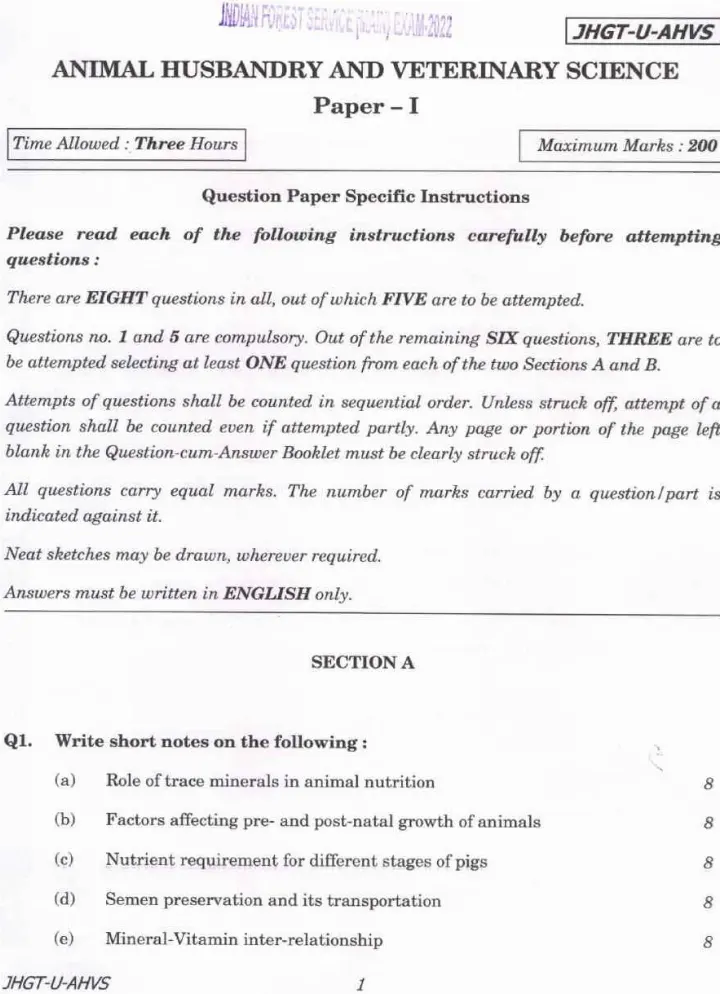 Indian Forest Service Main 2022 Animal Husbandry & Veterinary Science Paper I question paper page 1 instructions scan PDF download