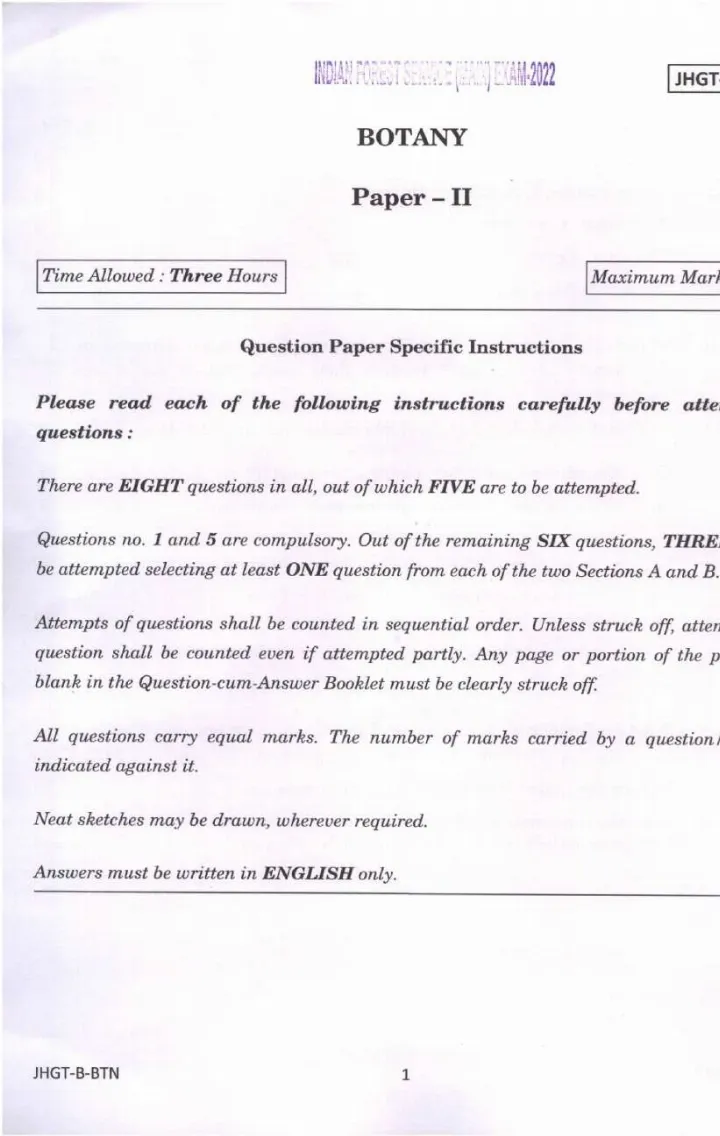 Indian Forest Service Main 2022 Botany Paper II question paper page 1 instructions and exam header scan PDF download