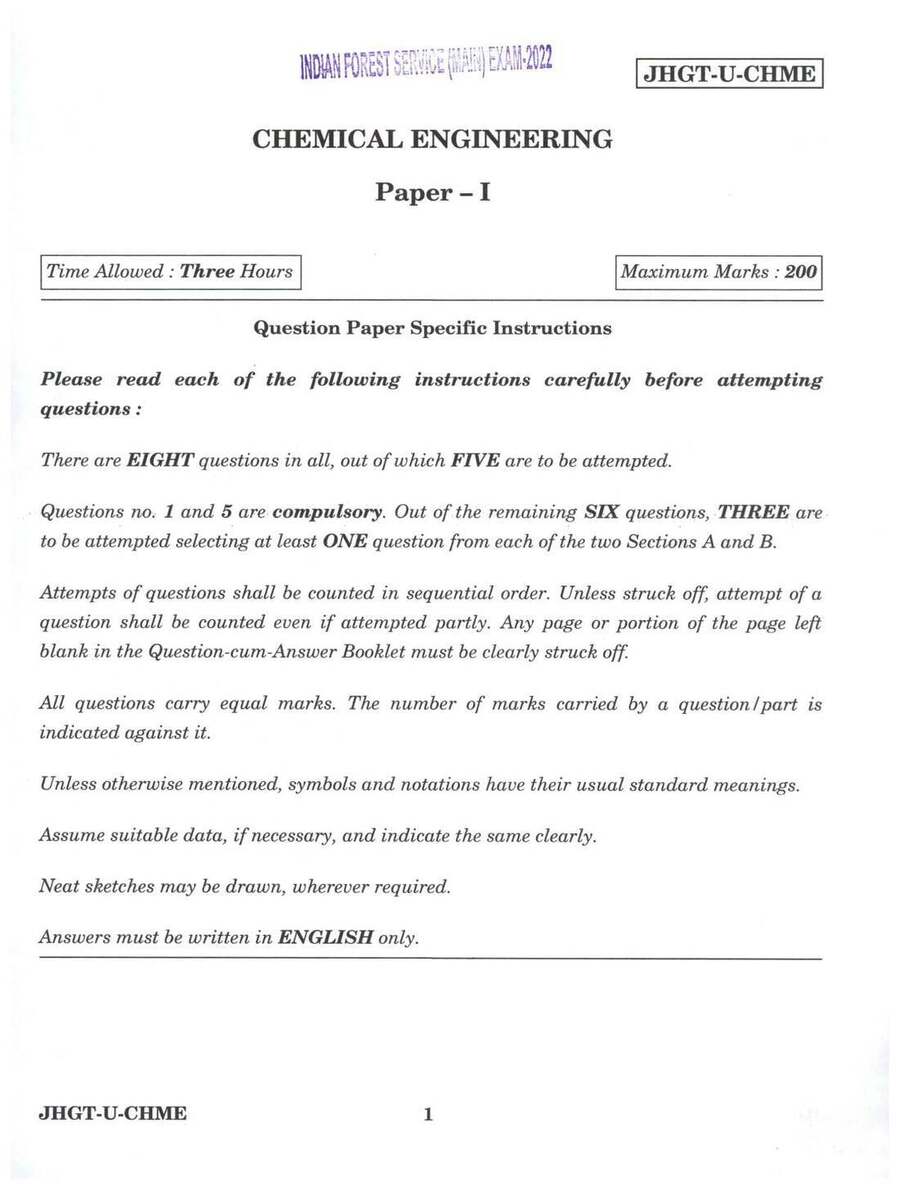 Indian Forest Service Main 2022 Chemical Engineering Paper I question paper page 1 instructions scan PDF download