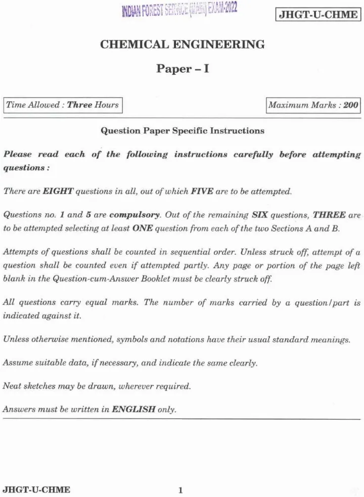 Indian Forest Service Main 2022 Chemical Engineering Paper I question paper page 1 instructions scan PDF download