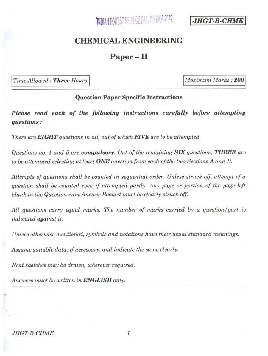 Indian Forest Service (Main) Examination 2022 Chemical Engineering Paper II page 1 scan, showing exam details and instructions. UPSC IFS Main 2022 question paper PDF download.