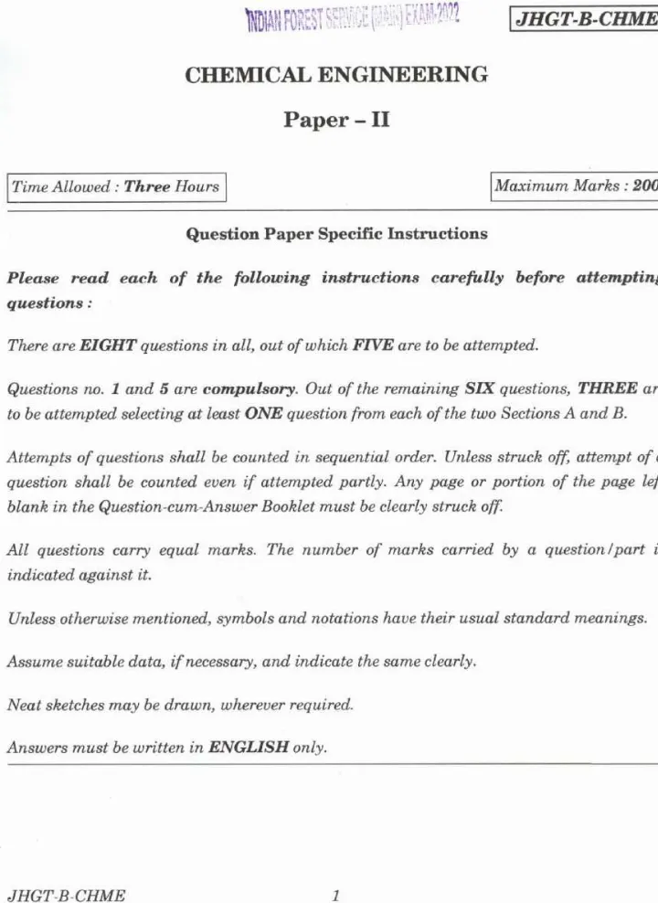 Indian Forest Service (Main) Examination 2022 Chemical Engineering Paper II page 1 scan, showing exam details and instructions. UPSC IFS Main 2022 question paper PDF download.