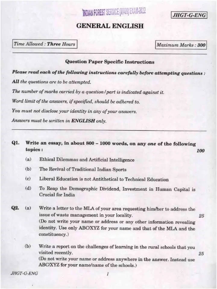Indian Forest Service Main 2022 General English question paper page 1 instructions scan PDF download UPSC IFS