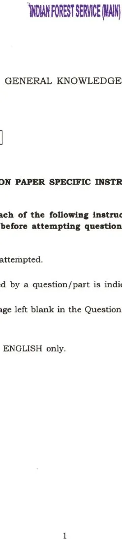 Indian Forest Service (Main) 2022 General Knowledge question paper page 1 instructions scan PDF download UPSC