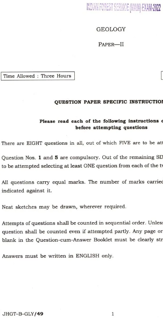 Indian Forest Service Main 2022 Geology Paper II question paper page 1 instructions scan PDF download. UPSC IFS Main 2022 Geology Paper II exam header and instructions.