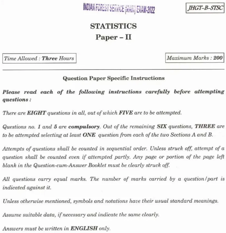 Indian Forest Service (Main) Examination 2022 Statistics Paper II page 1 instructions and header scan PDF download