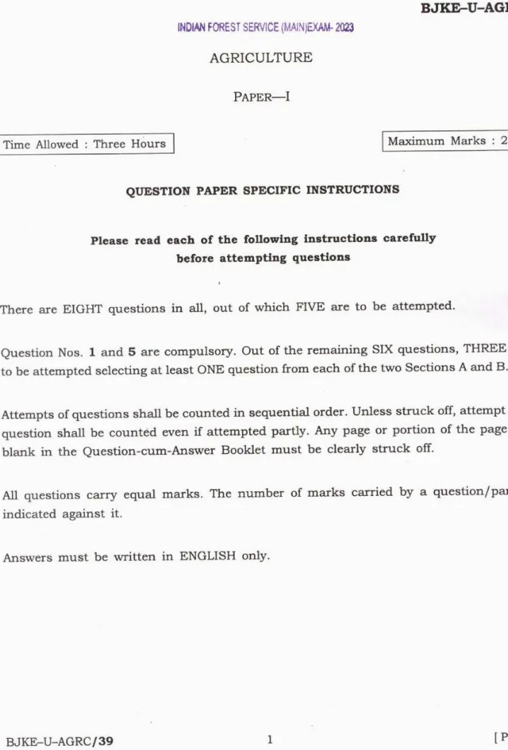Indian Forest Service Main 2023 Agriculture Paper I question paper page 1 instructions scan PDF download UPSC
