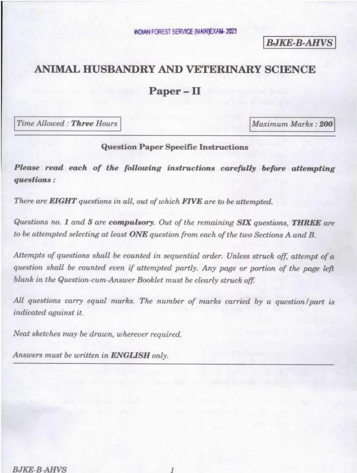 Indian Forest Service Main 2023 Animal Husbandry and Veterinary Science Paper II question paper page 1 instructions scan PDF download