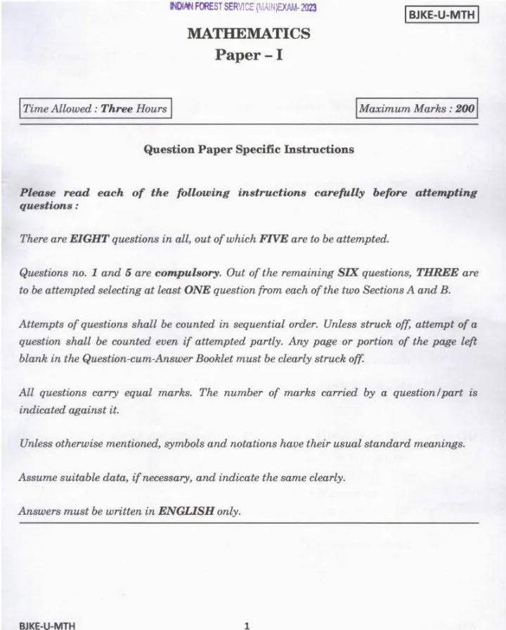 Indian Forest Service (Main) Examination 2023 Mathematics Paper I question paper page 1 instructions scan PDF download UPSC
